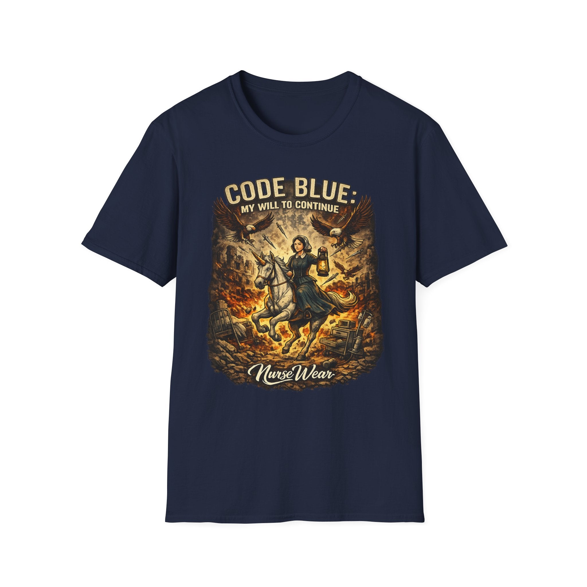 Navy nurse shirt with Code Blue My Will to Continue graphic design