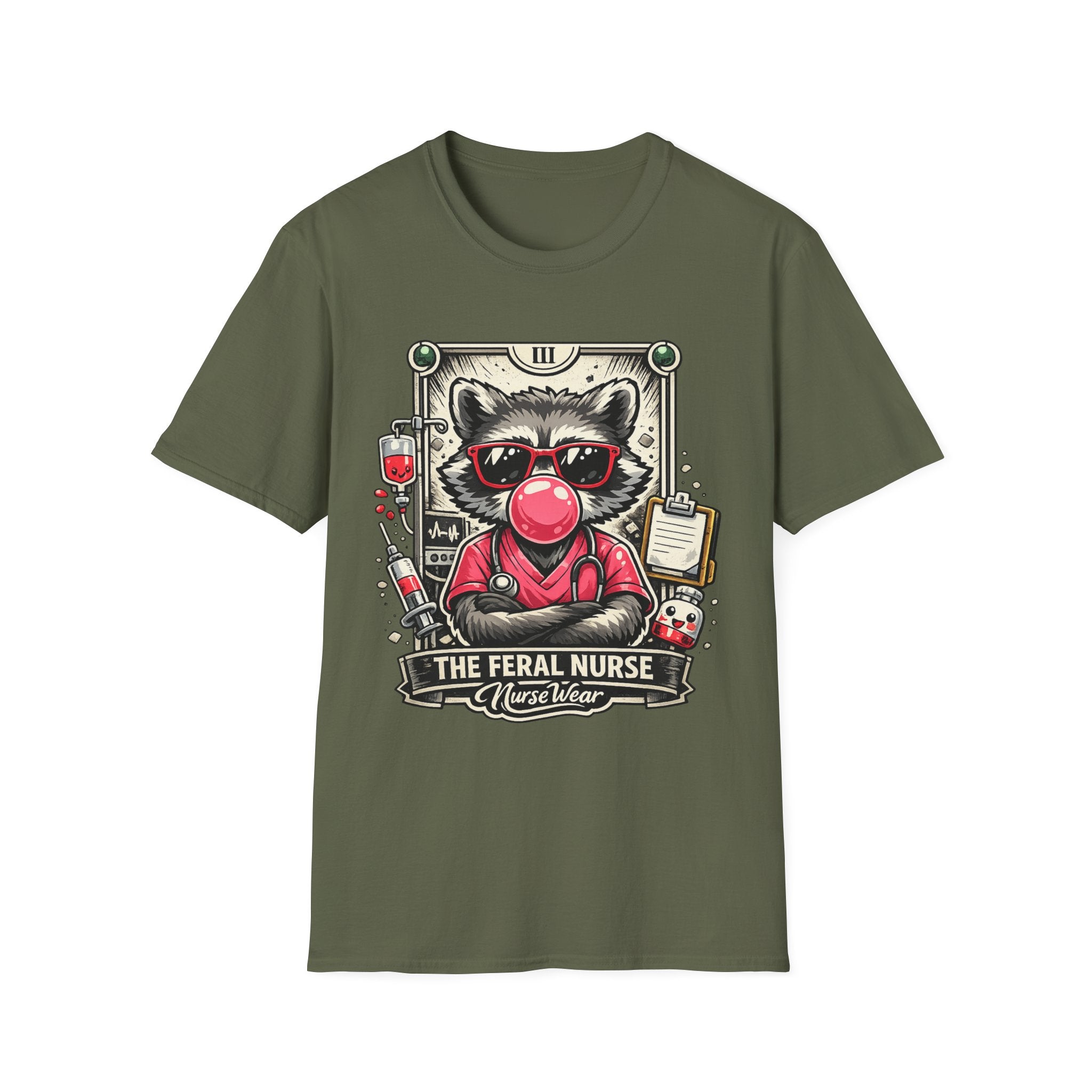 Military Green NurseWear t-shirt featuring The Feral Nurse raccoon graphic with bubble gum, sunglasses, and medical icons
