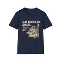 Navy funny nurse shirt with I Am About to Crash Out text and crash cart graphic
