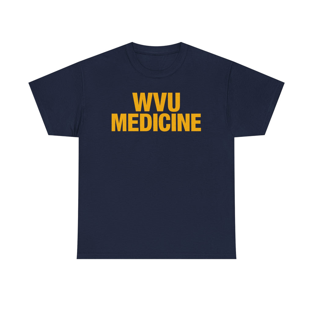 Navy blue t-shirt with 'WVU MEDICINE' text in yellow on a white background