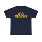 Navy blue t-shirt with 'WVU MEDICINE' text in yellow on a white background