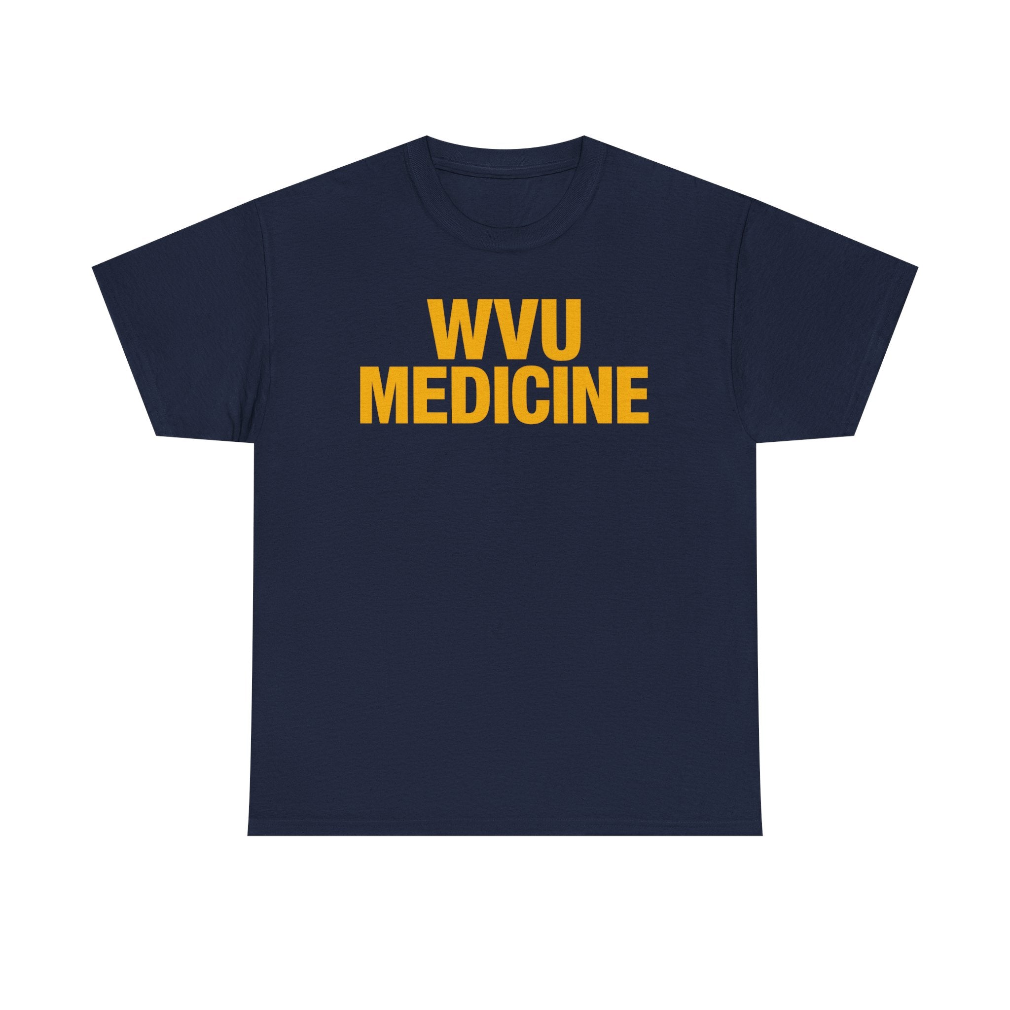 Navy blue t-shirt with 'WVU MEDICINE' text in yellow on a white background