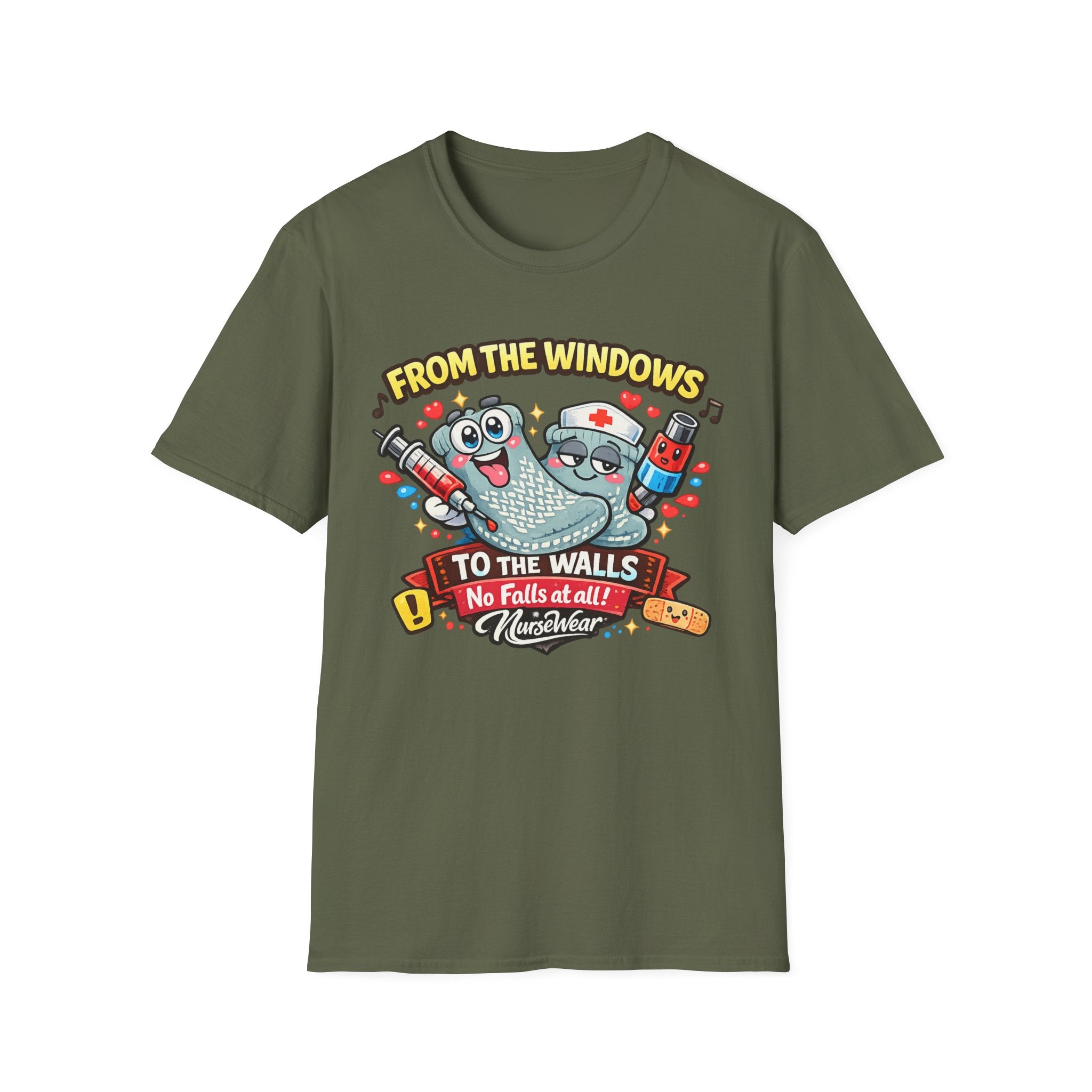 Military Green NurseWear t-shirt featuring From the Windows to the Walls No Falls at All graphic with cute hospital-themed characters