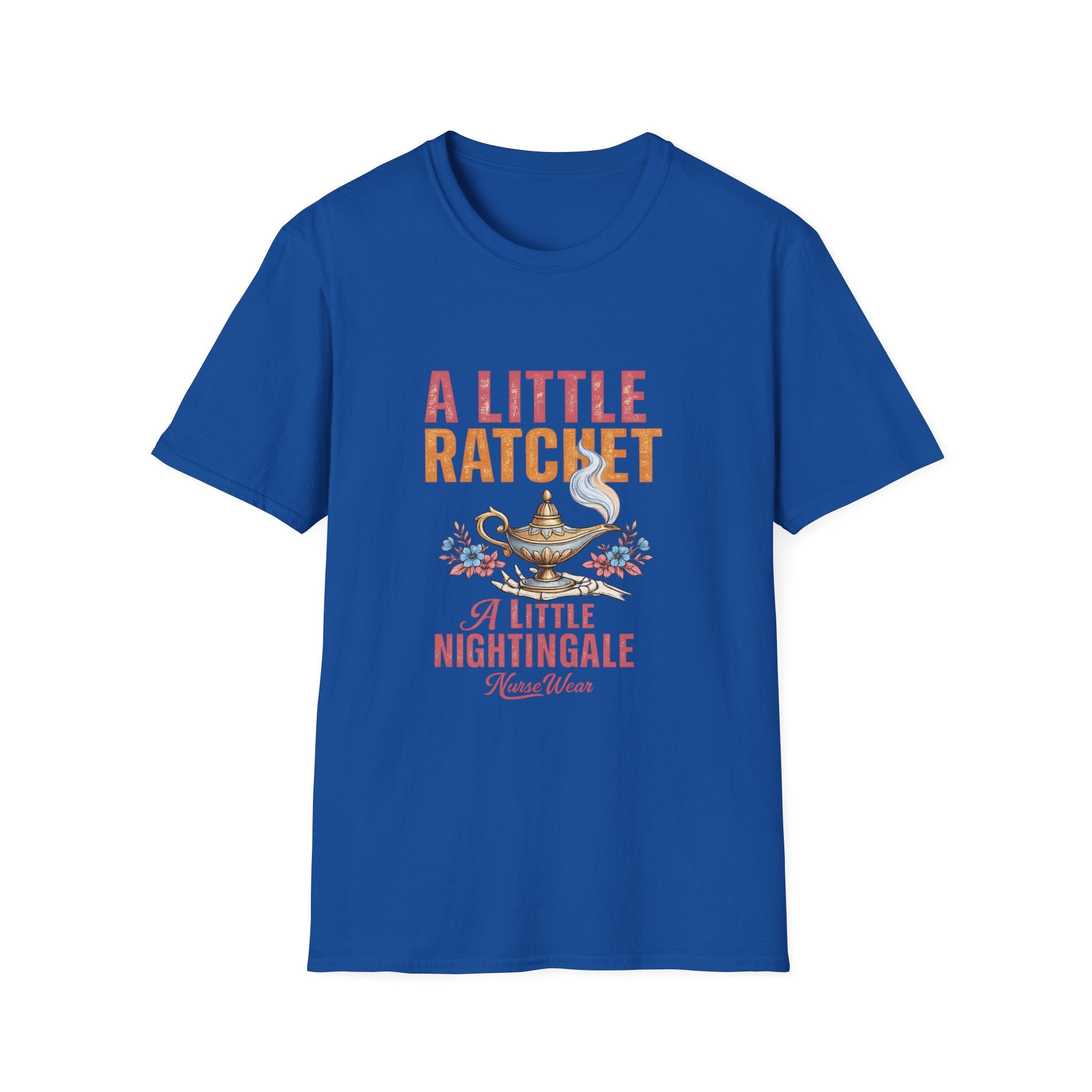 Blue nurse shirt with A Little Ratchet A Little Nightingale graphic design