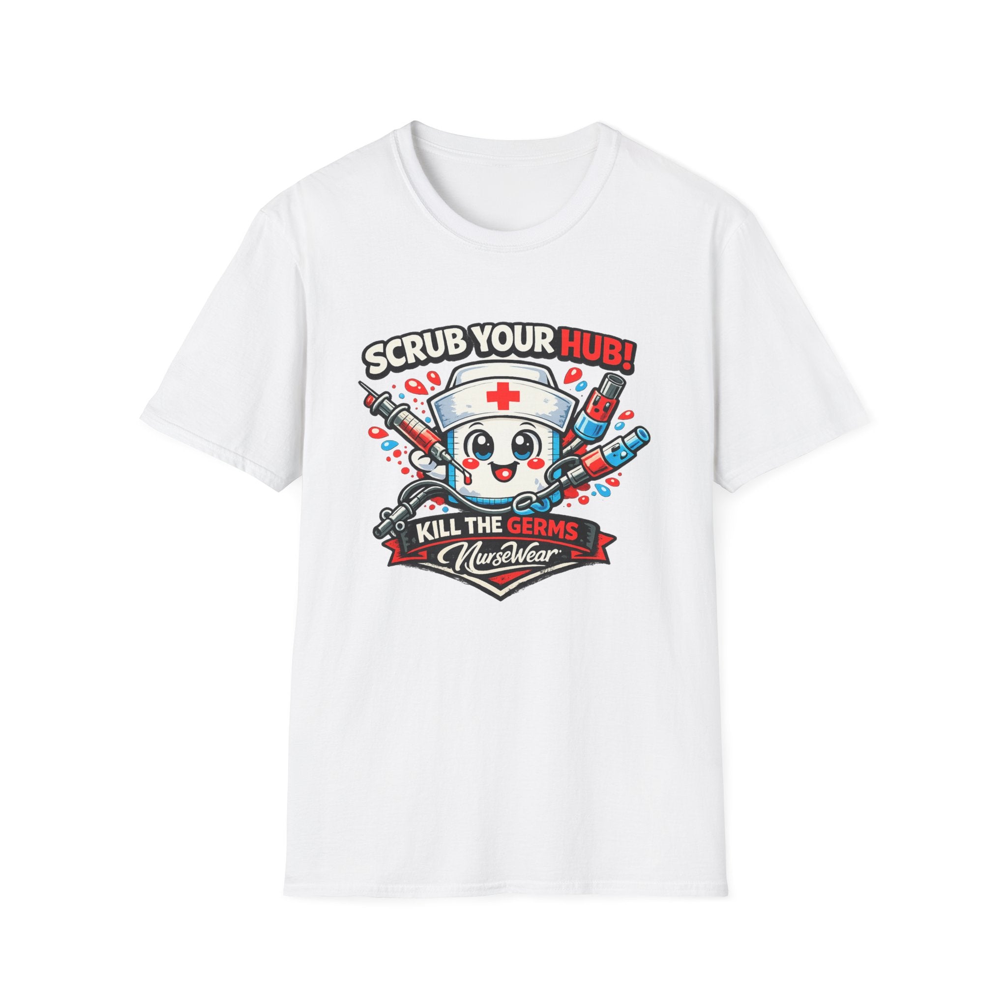 White NurseWear t-shirt featuring Scrub Your Hub Kill the Germs cartoon nurse graphic with red and blue medical icons