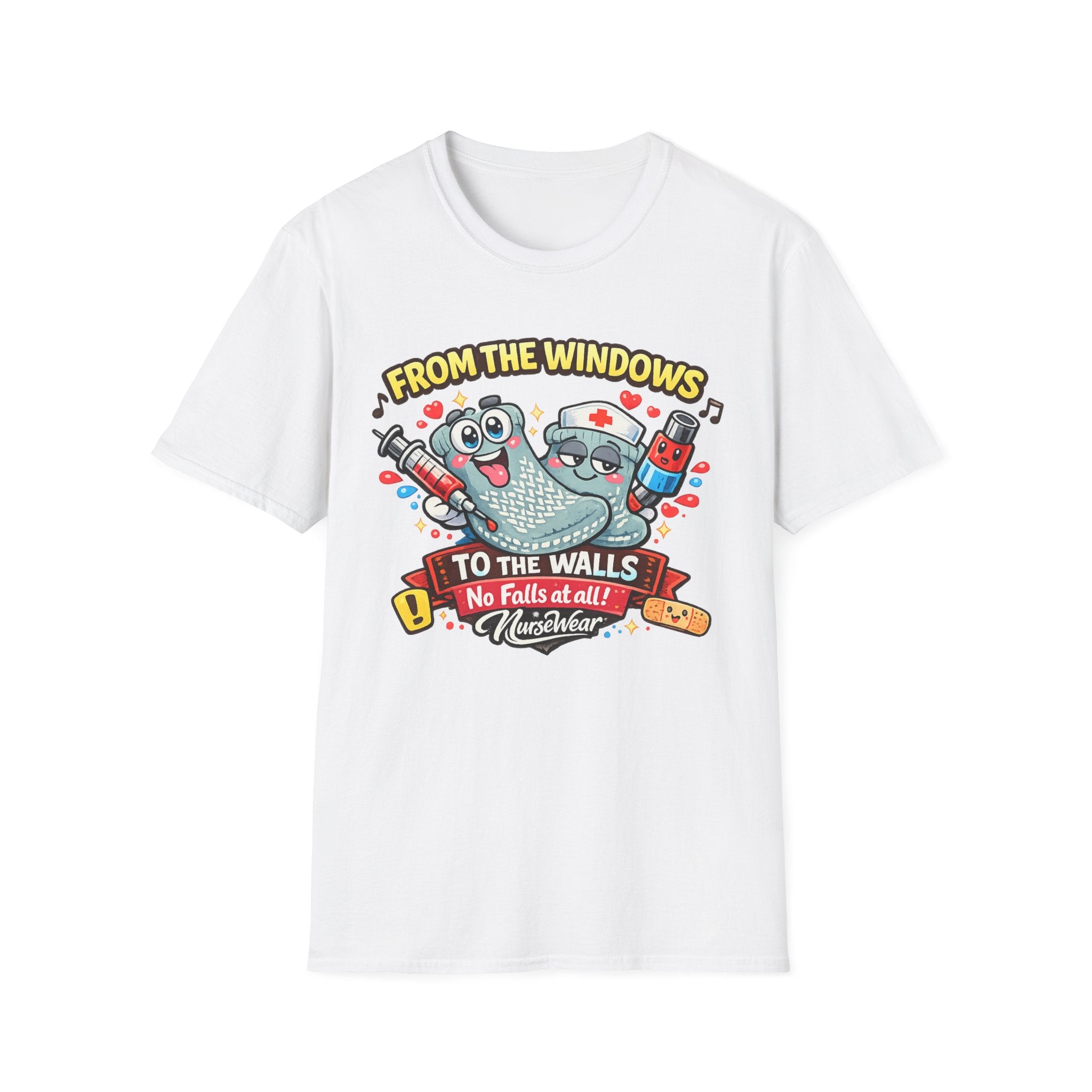 White NurseWear t-shirt featuring From the Windows to the Walls No Falls at All graphic with cute hospital-themed characters