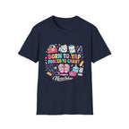 Navy NurseWear t-shirt featuring Born to Yap Forced to Chart colorful nurse graphic with cute medical icons