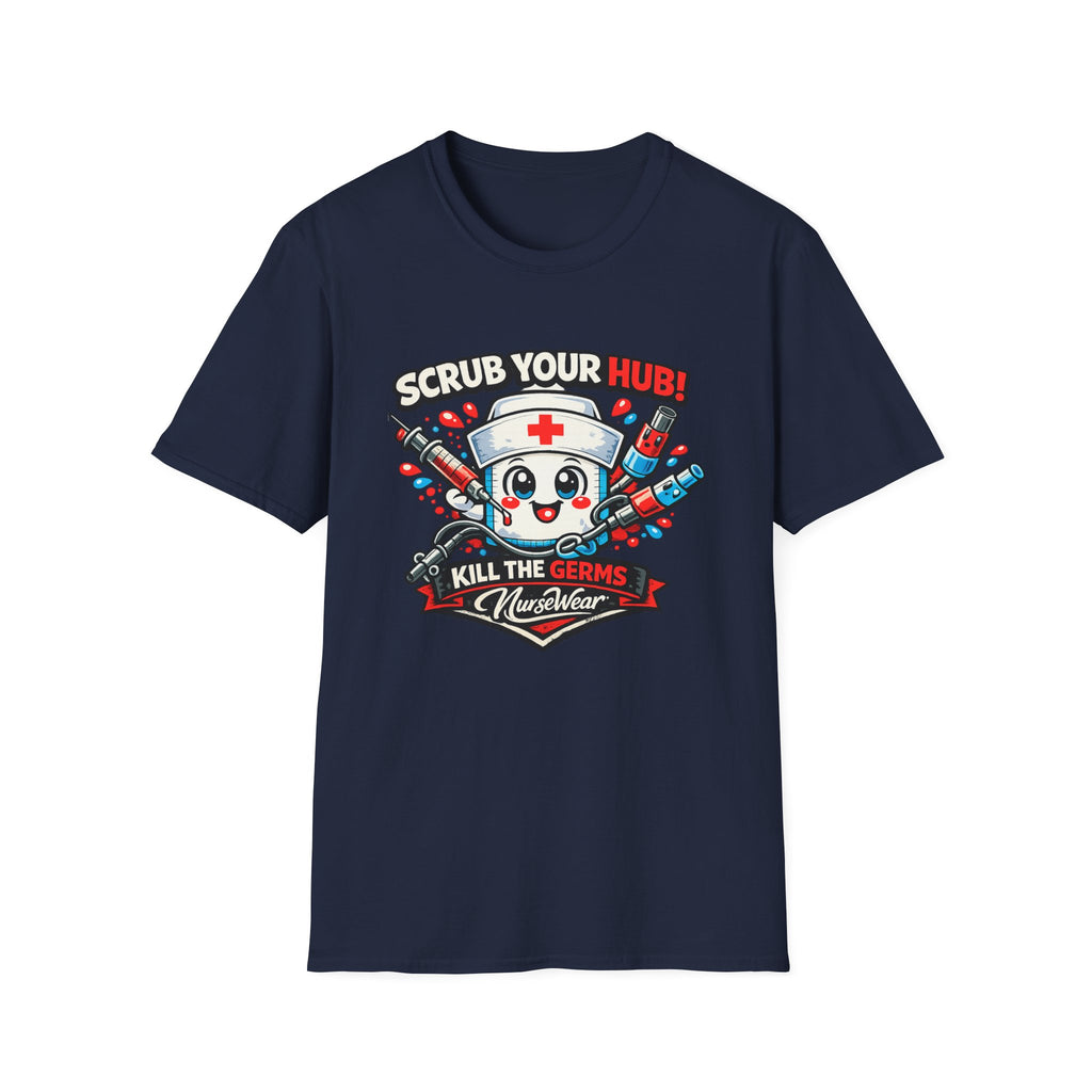 Navy NurseWear t-shirt featuring Scrub Your Hub Kill the Germs cartoon nurse graphic with red and blue medical icons