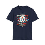 Navy NurseWear t-shirt featuring Scrub Your Hub Kill the Germs cartoon nurse graphic with red and blue medical icons