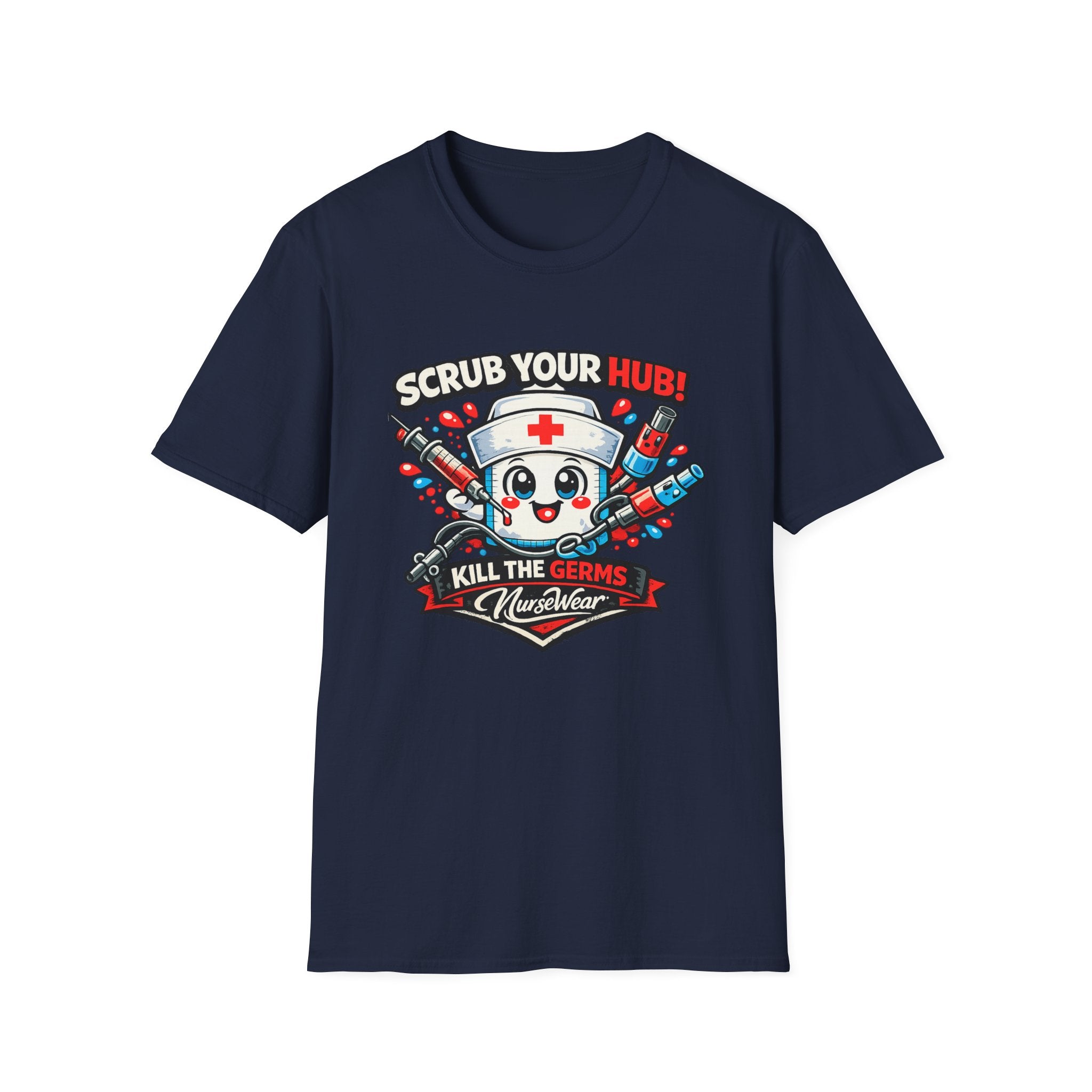 Navy NurseWear t-shirt featuring Scrub Your Hub Kill the Germs cartoon nurse graphic with red and blue medical icons