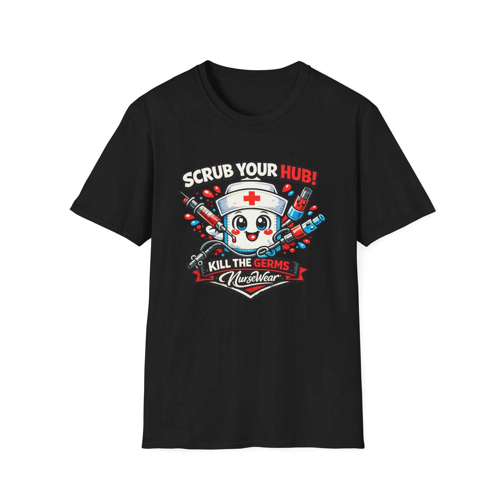 Black NurseWear t-shirt featuring Scrub Your Hub Kill the Germs cartoon nurse graphic with red and blue medical icons