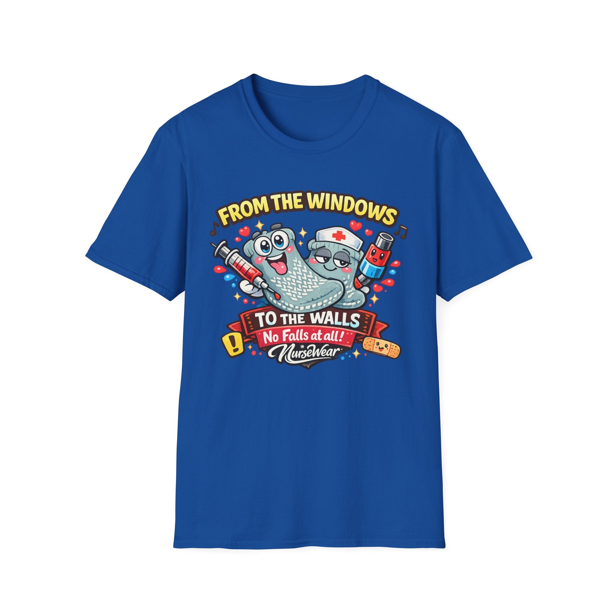 Royal NurseWear t-shirt featuring From the Windows to the Walls No Falls at All graphic with cute hospital-themed characters
