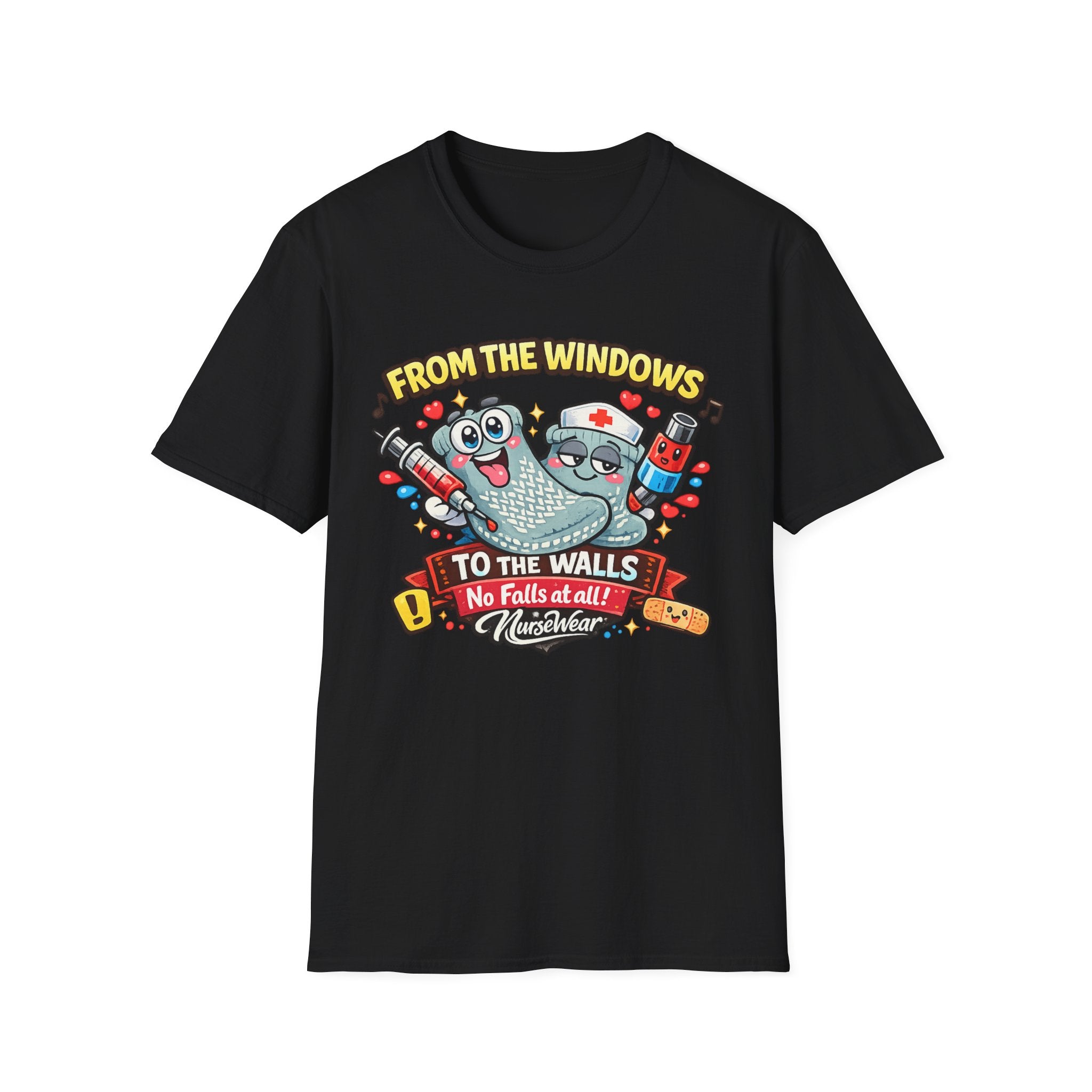 Black NurseWear t-shirt featuring From the Windows to the Walls No Falls at All graphic with cute hospital-themed characters