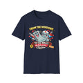 Navy NurseWear t-shirt featuring From the Windows to the Walls No Falls at All graphic with cute hospital-themed characters