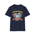 Navy NurseWear t-shirt featuring From the Windows to the Walls No Falls at All graphic with cute hospital-themed characters