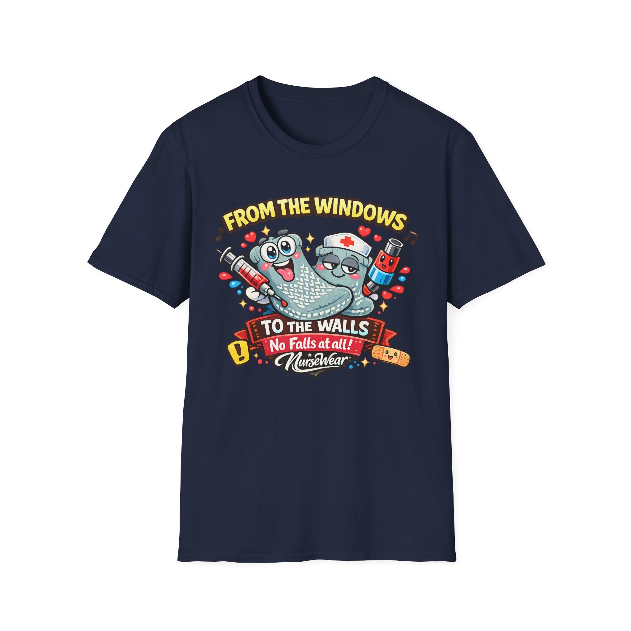 Navy NurseWear t-shirt featuring From the Windows to the Walls No Falls at All graphic with cute hospital-themed characters