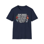 Navy NurseWear t-shirt featuring Some Nurses Have Tattoos Pretty Eyes and Cuss Too Much text design with colorful medical icons