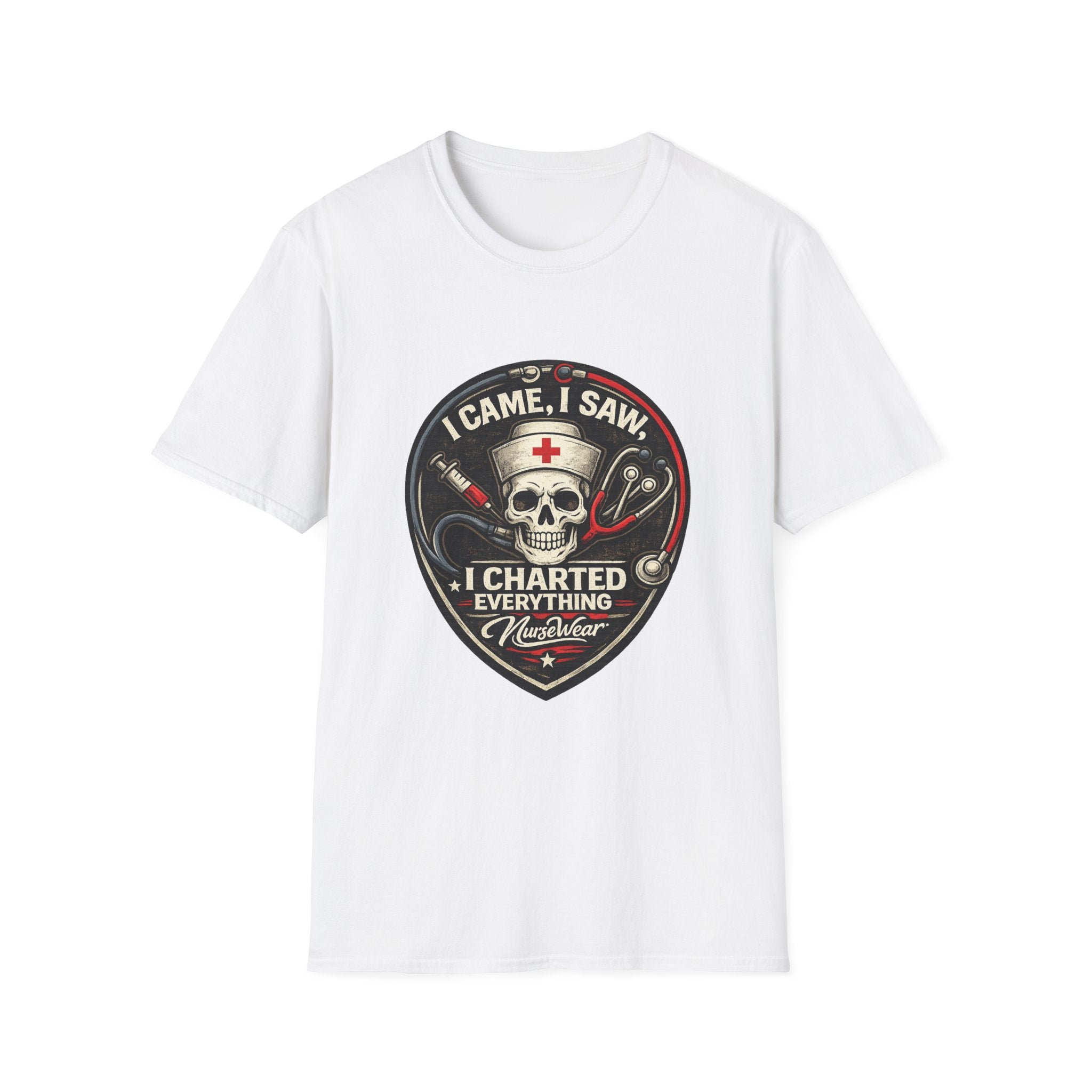 White NurseWear t-shirt featuring I Came I Saw I Charted Everything skull nurse graphic with stethoscope and syringe