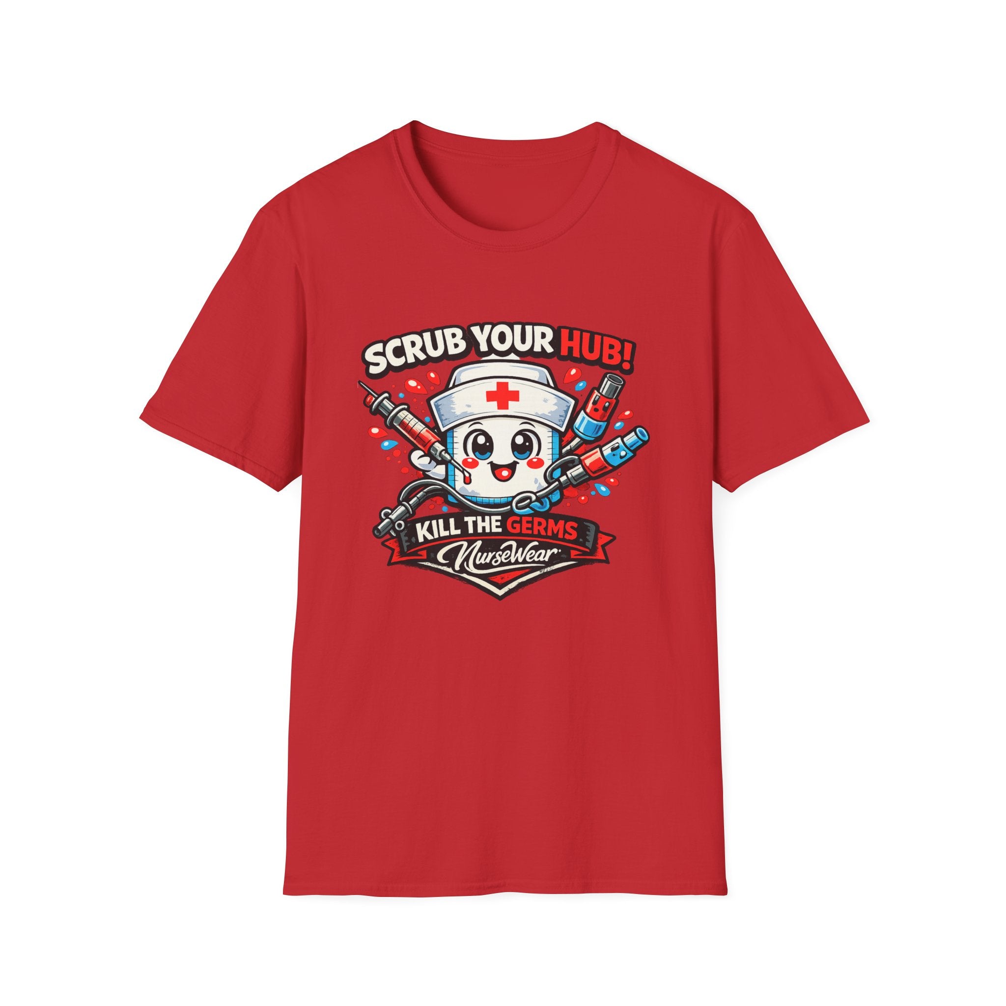 Red NurseWear t-shirt featuring Scrub Your Hub Kill the Germs cartoon nurse graphic with red and blue medical icons