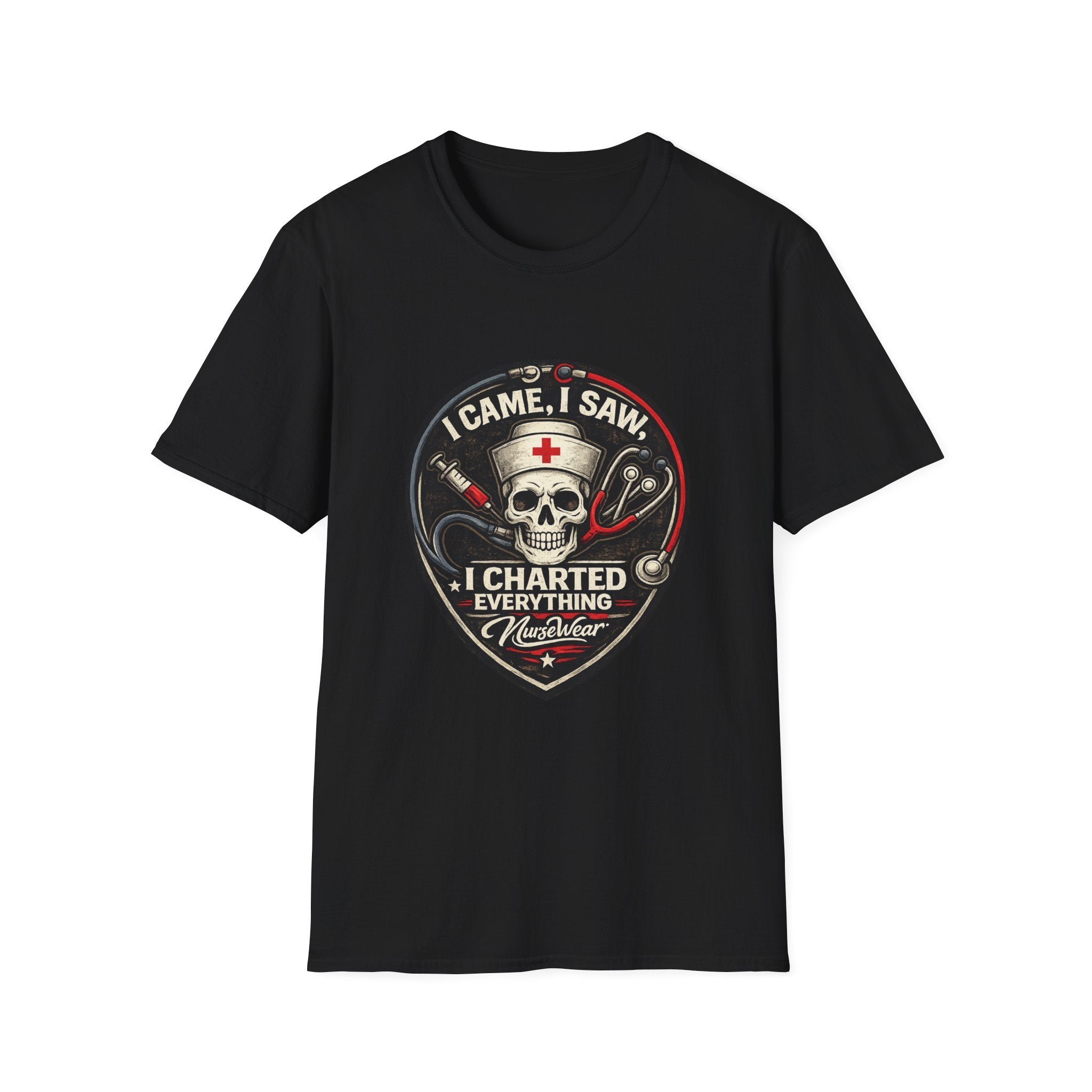 Black NurseWear t-shirt featuring I Came I Saw I Charted Everything skull nurse graphic with stethoscope and syringe