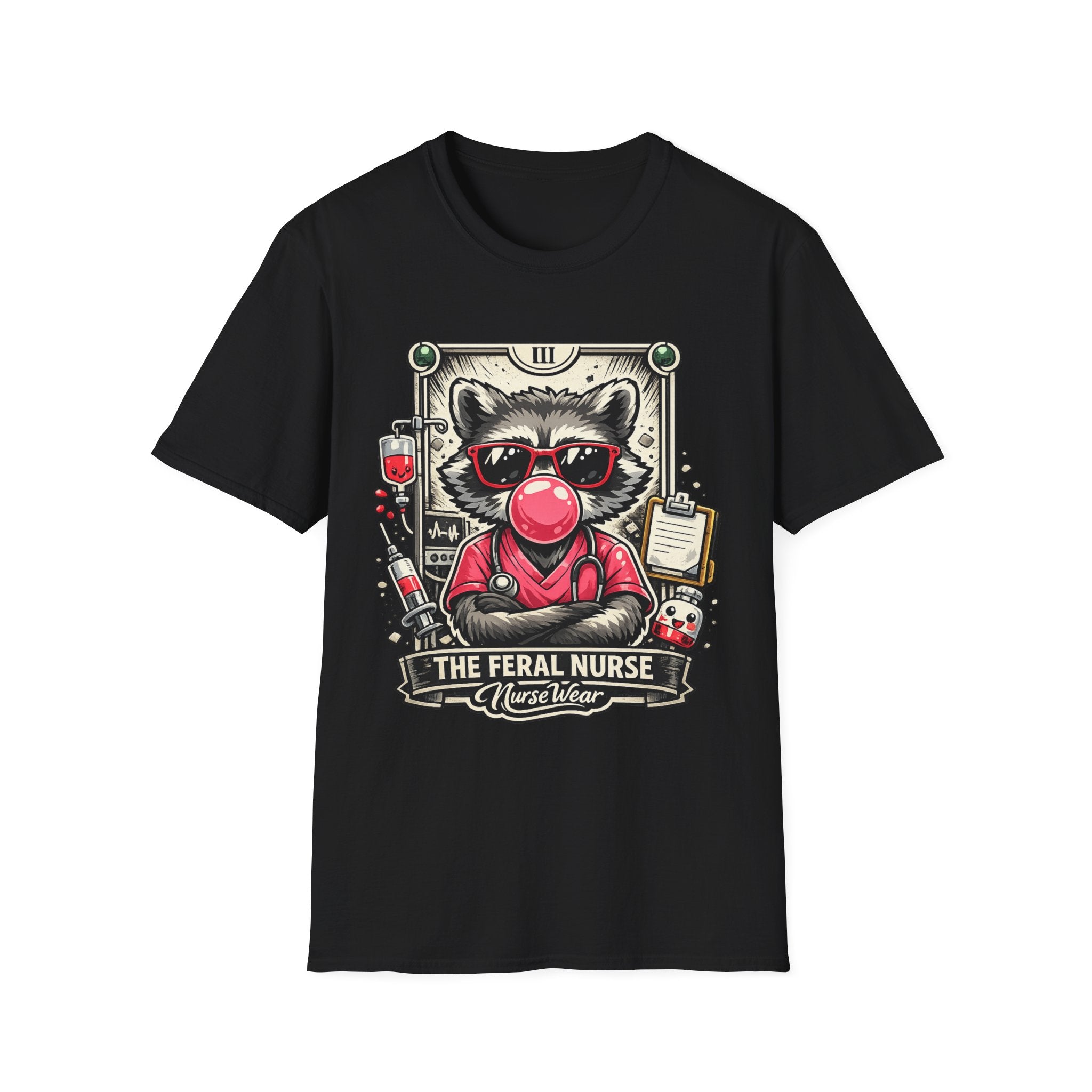 Black NurseWear t-shirt featuring The Feral Nurse raccoon graphic with bubble gum, sunglasses, and medical icons