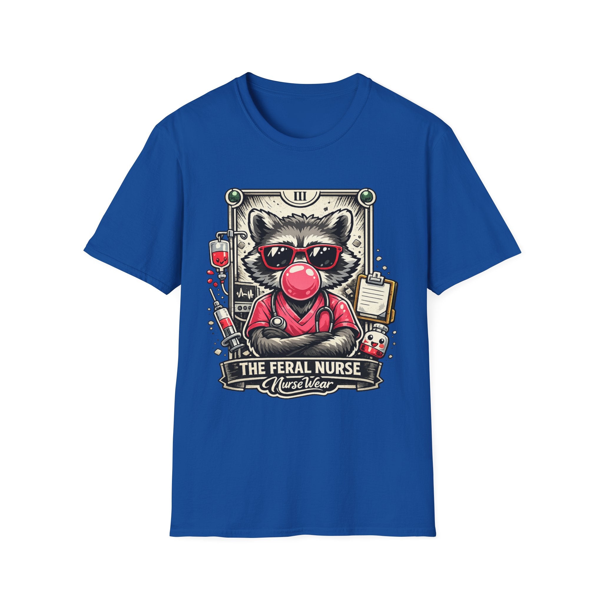 Royal NurseWear t-shirt featuring The Feral Nurse raccoon graphic with bubble gum, sunglasses, and medical icons