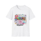 White NurseWear t-shirt featuring Born to Yap Forced to Chart colorful nurse graphic with cute medical icons