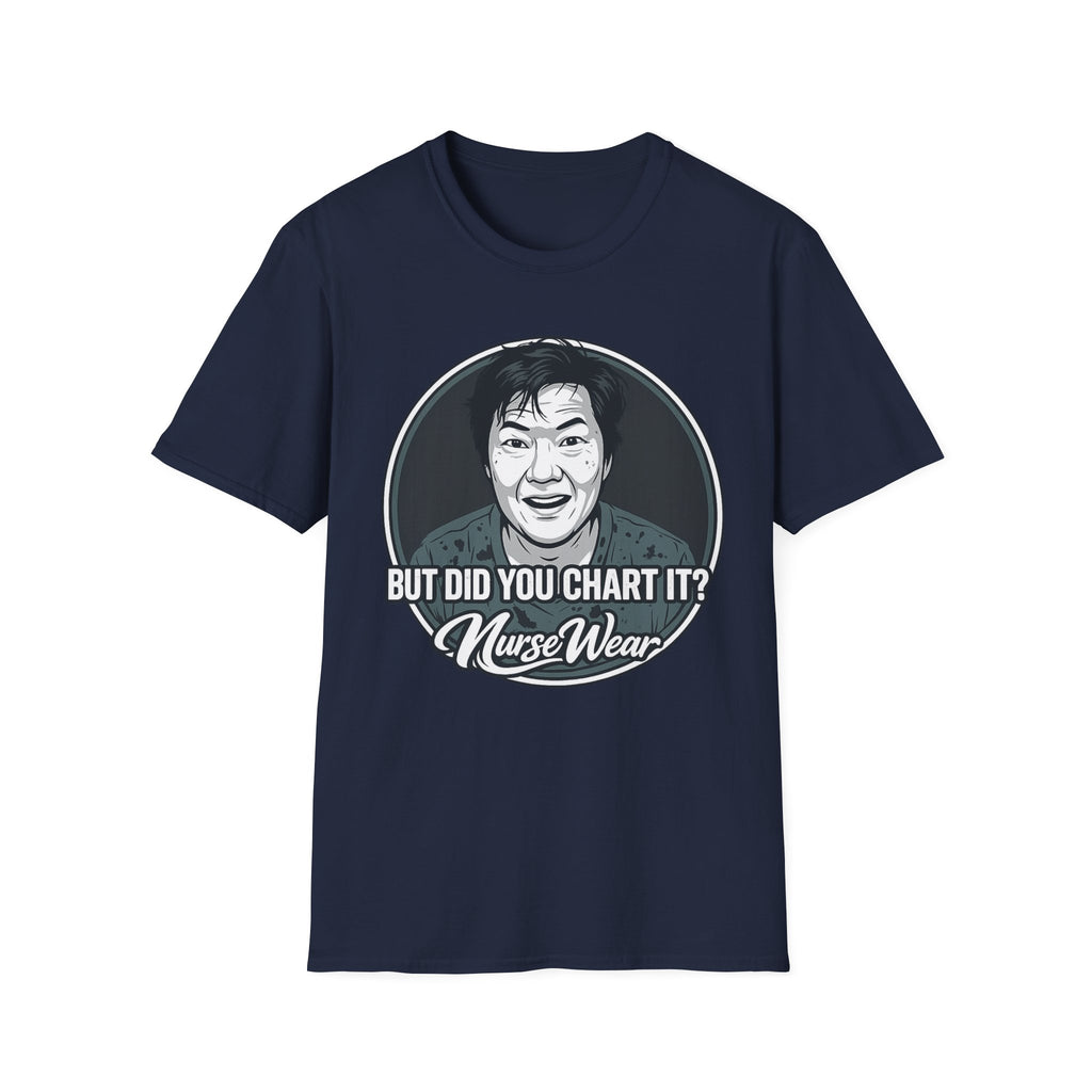 Gray t-shirt with white text on a white background