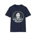 Gray t-shirt with white text on a white background