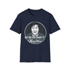 Gray t-shirt with white text on a white background