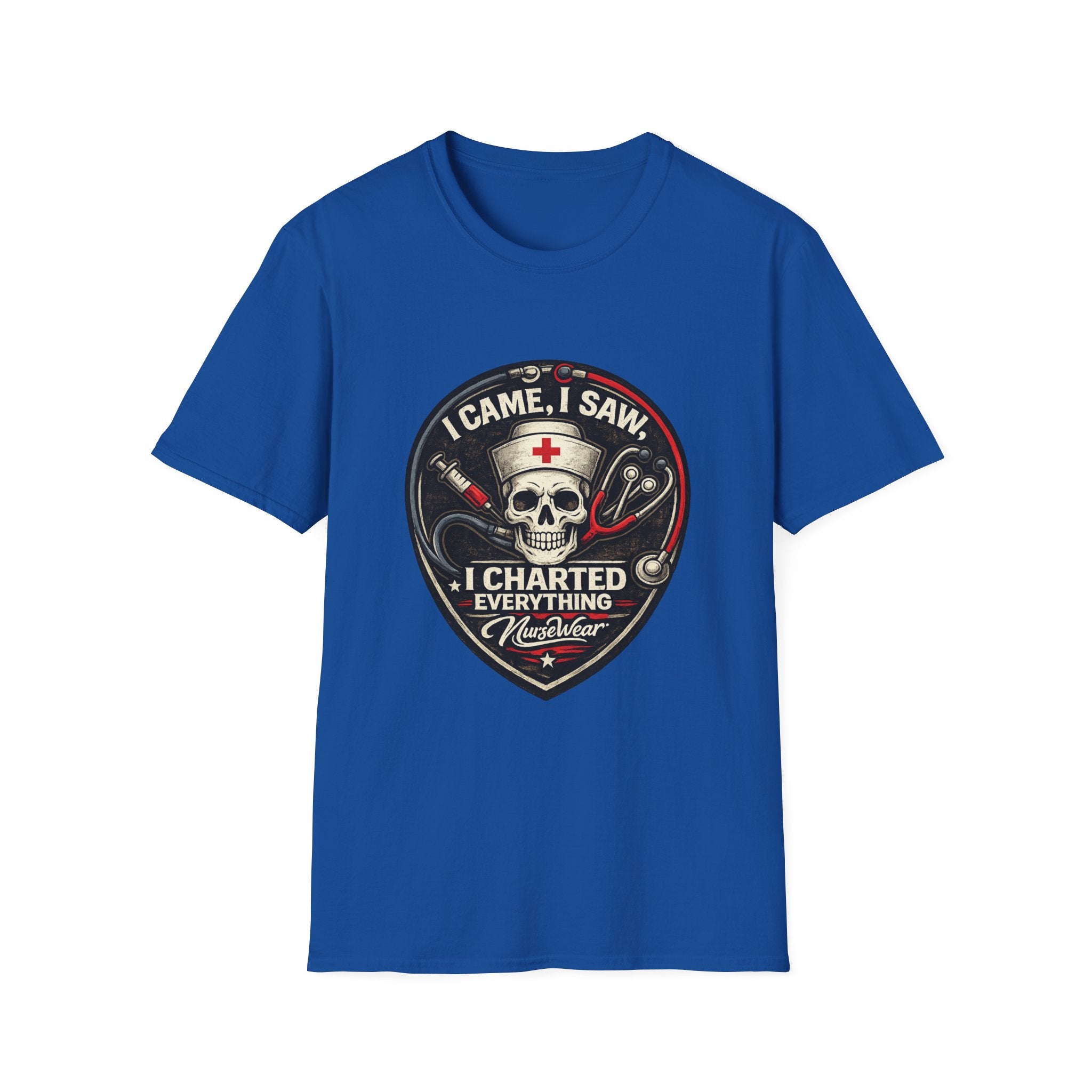 Royal NurseWear t-shirt featuring I Came I Saw I Charted Everything skull nurse graphic with stethoscope and syringe