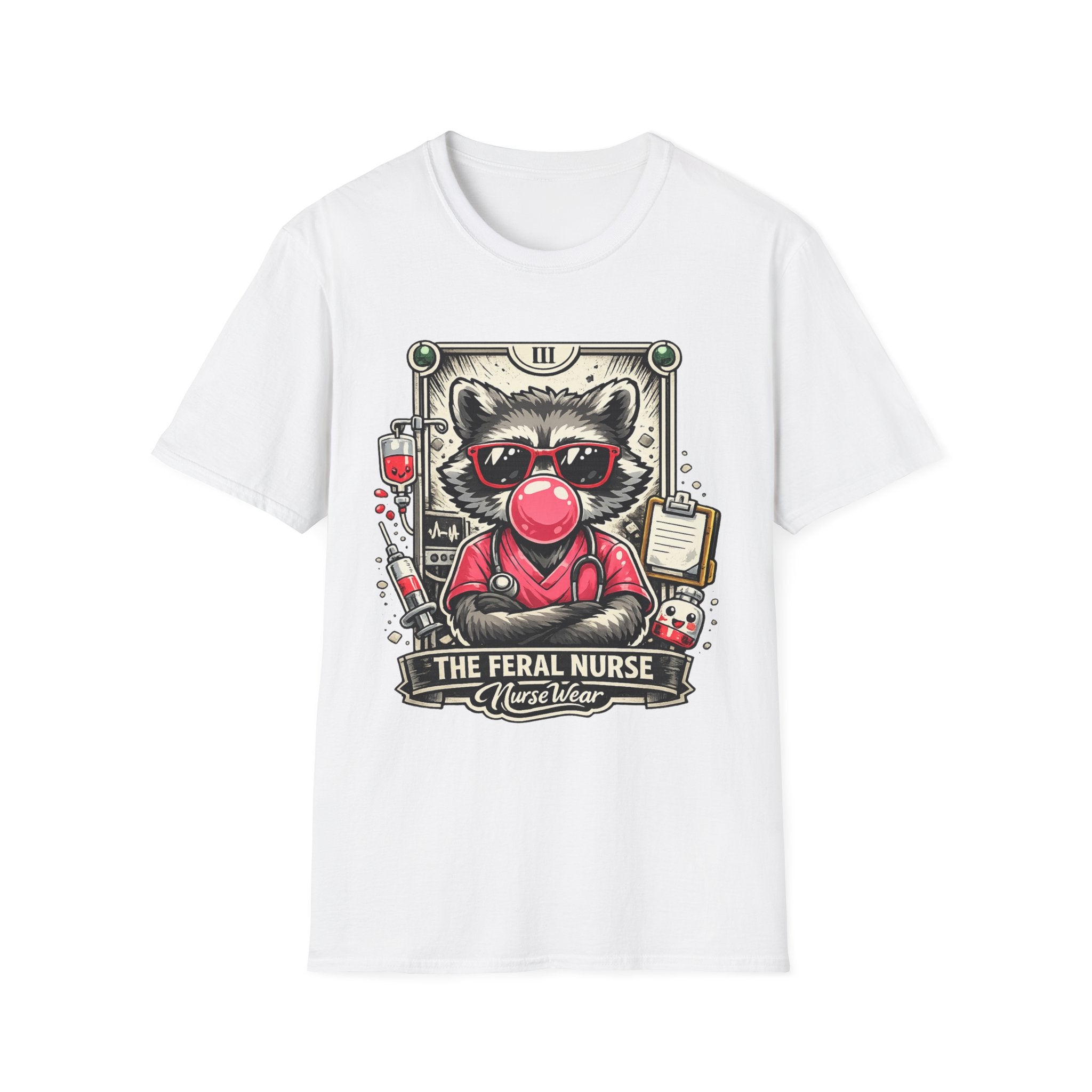 White NurseWear t-shirt featuring The Feral Nurse raccoon graphic with bubble gum, sunglasses, and medical icons