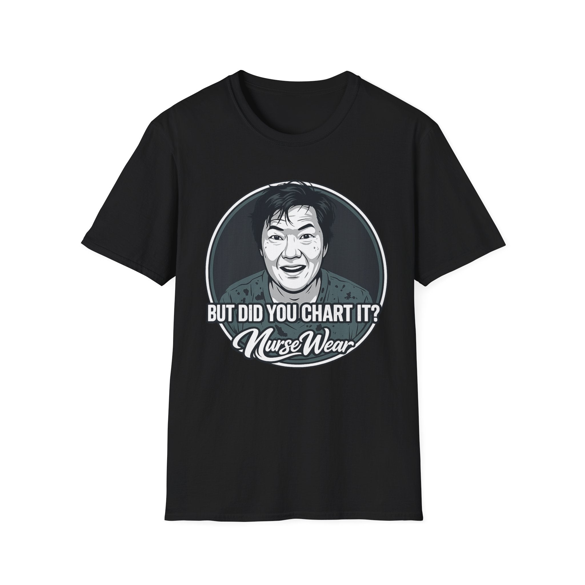 Black t-shirt with a colorful graphic of a figure on a white background