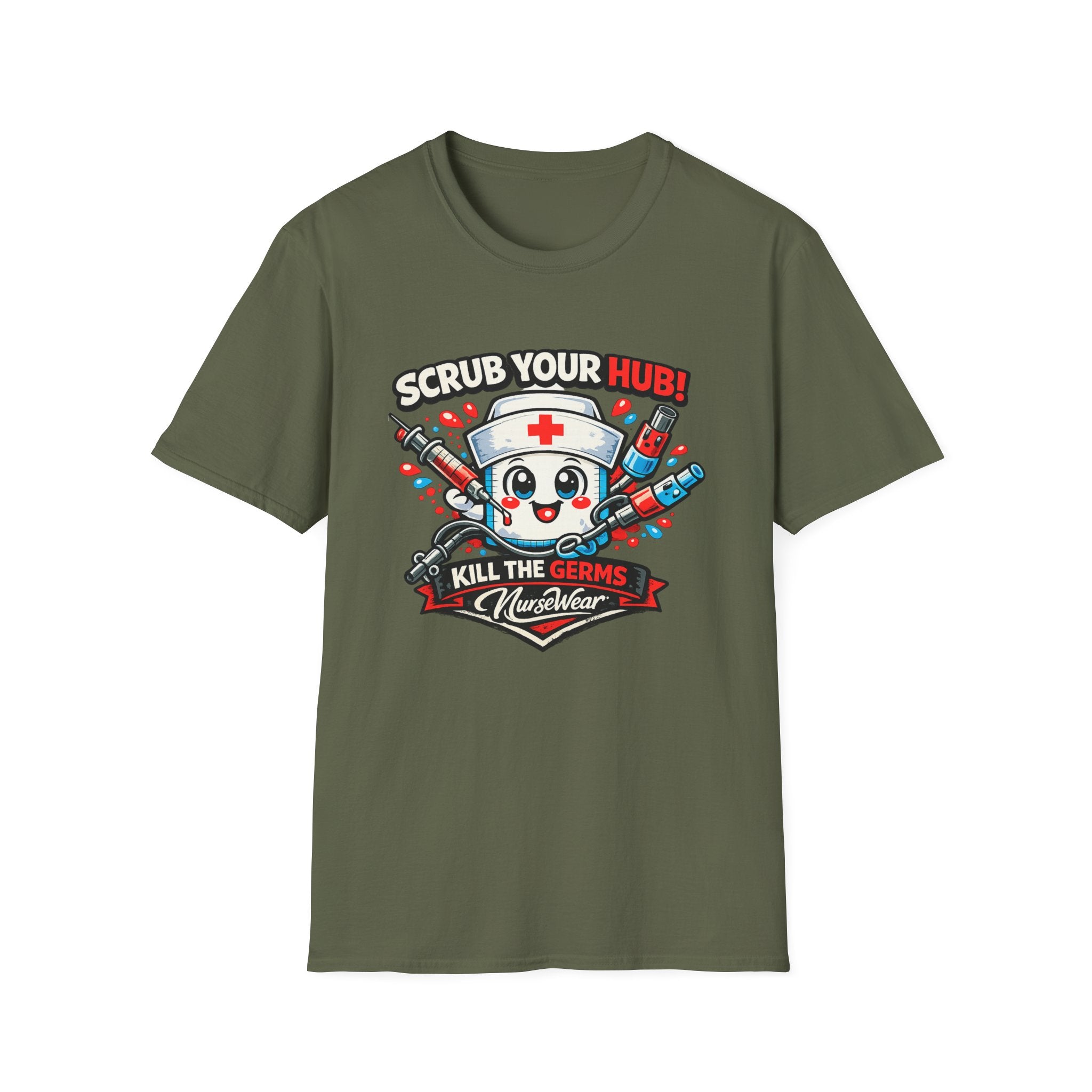 Military Green NurseWear t-shirt featuring Scrub Your Hub Kill the Germs cartoon nurse graphic with red and blue medical icons