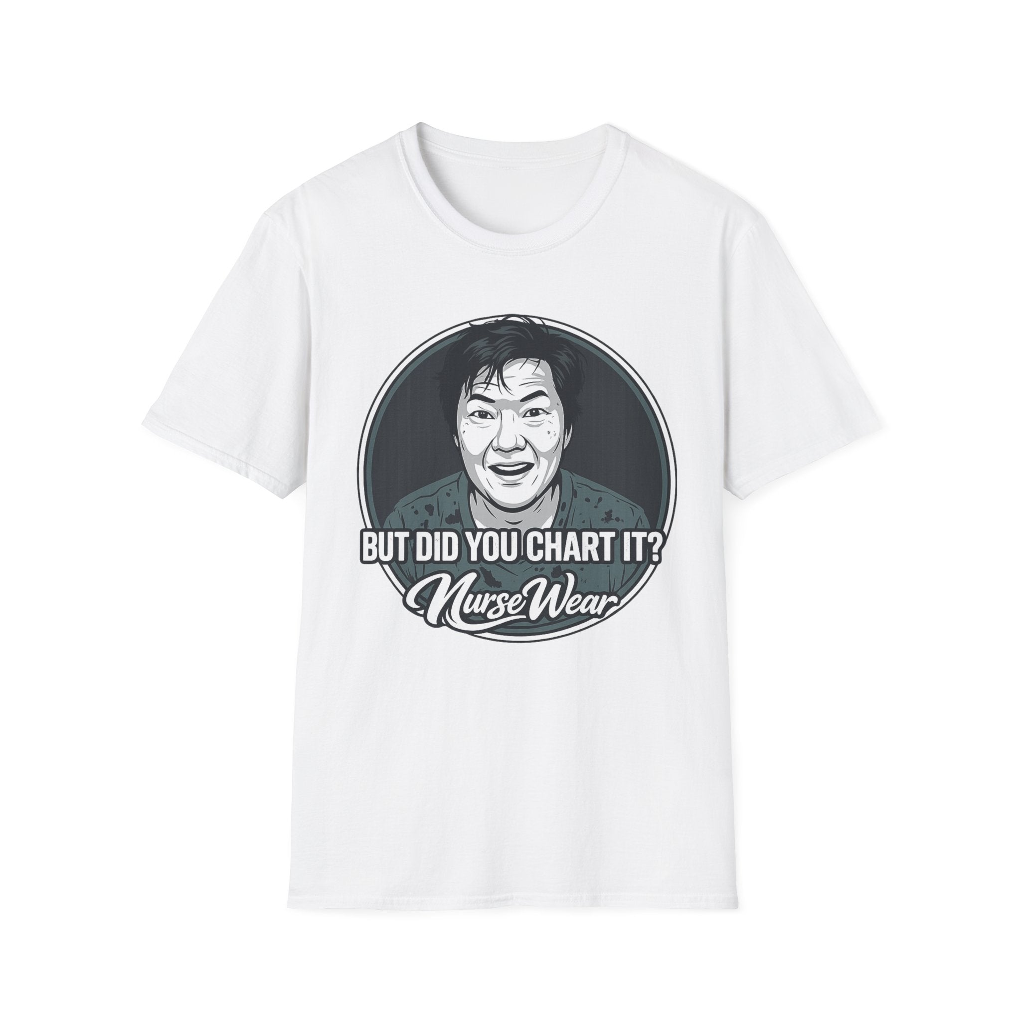 White t-shirt with graphic design and text on a white background