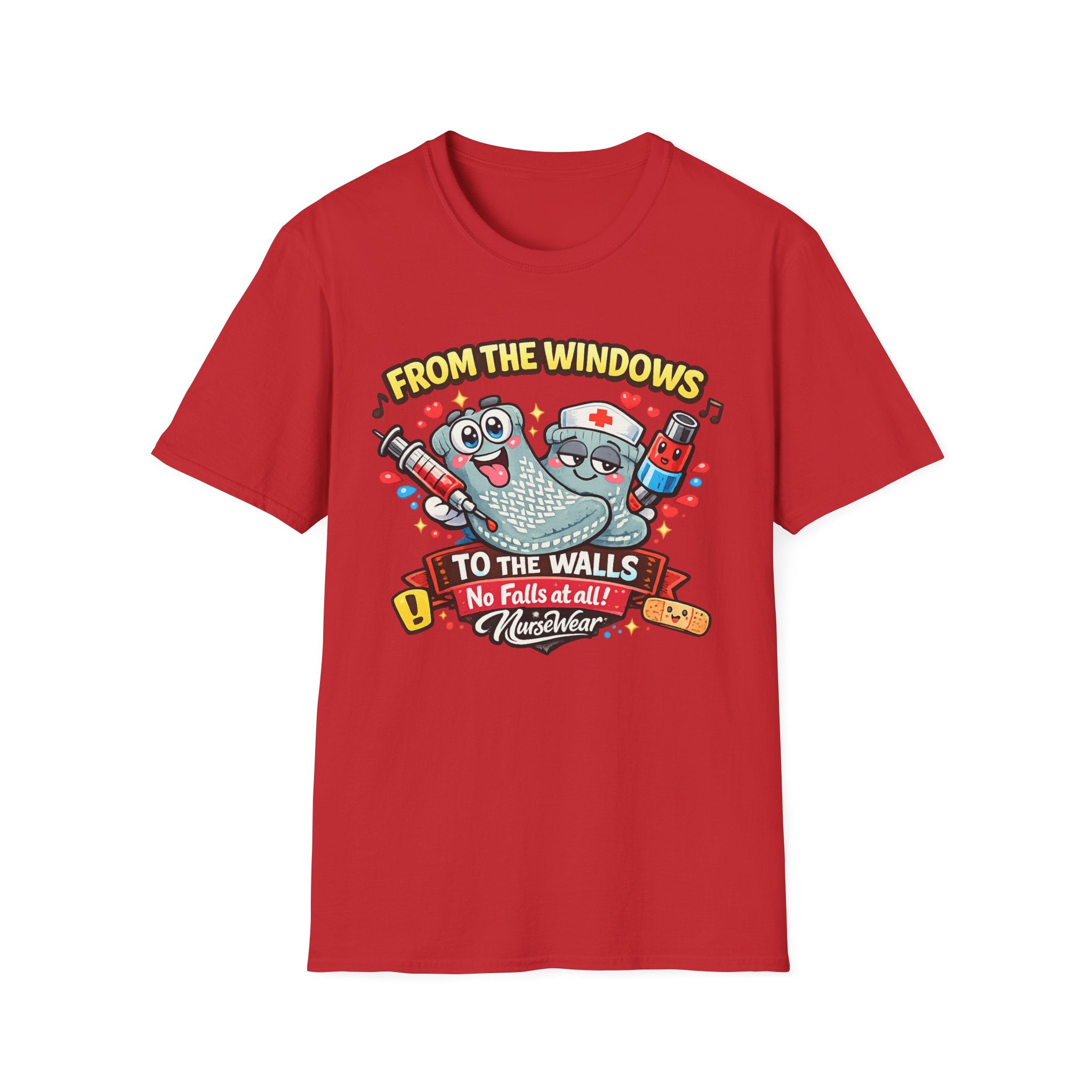 Red NurseWear t-shirt featuring From the Windows to the Walls No Falls at All graphic with cute hospital-themed characters