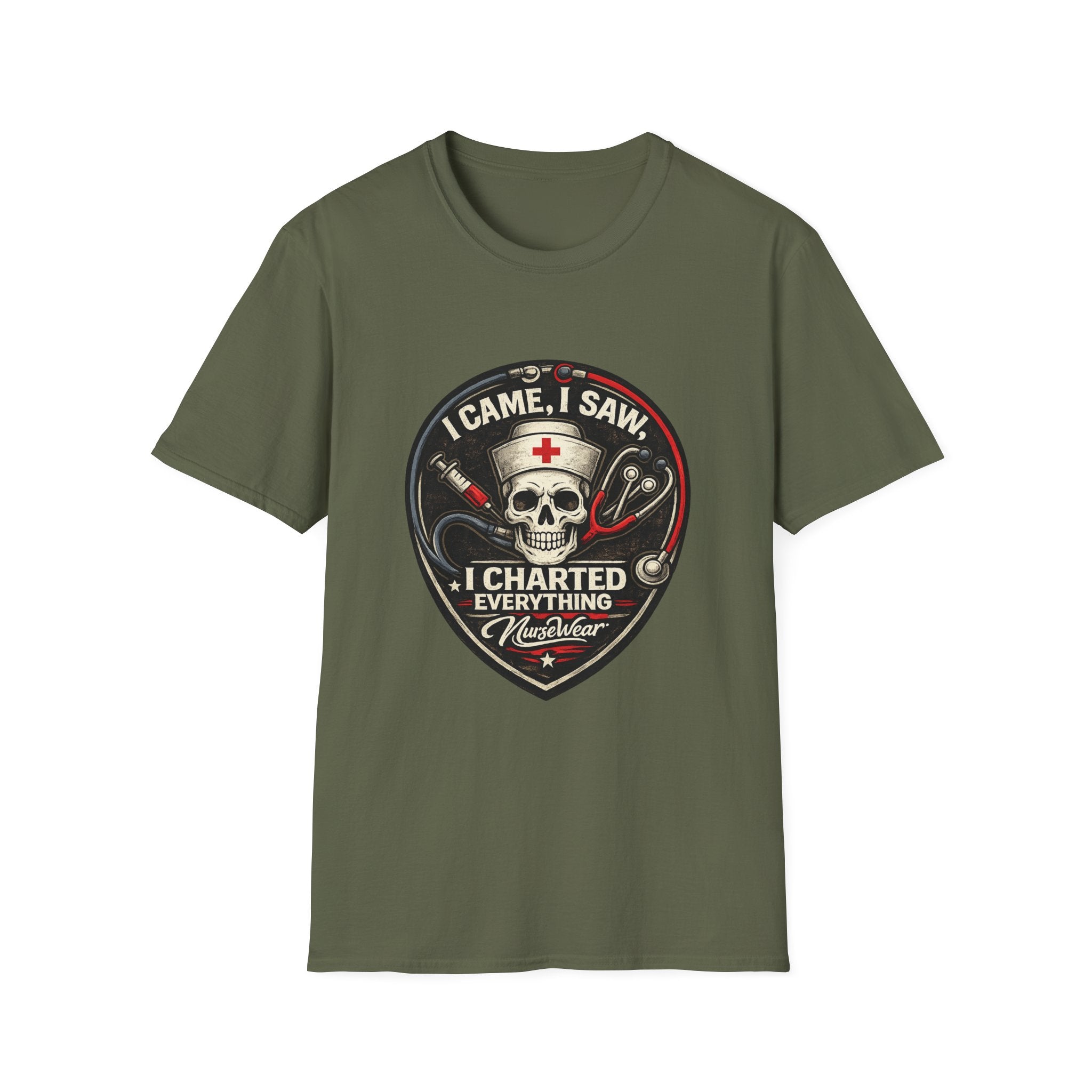Military Green NurseWear t-shirt featuring I Came I Saw I Charted Everything skull nurse graphic with stethoscope and syringe