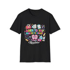 Black NurseWear t-shirt featuring Born to Yap Forced to Chart colorful nurse graphic with cute medical icons