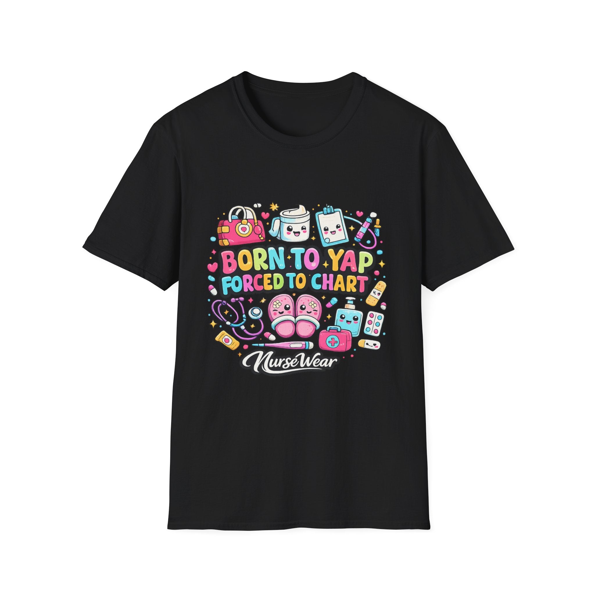 Black NurseWear t-shirt featuring Born to Yap Forced to Chart colorful nurse graphic with cute medical icons