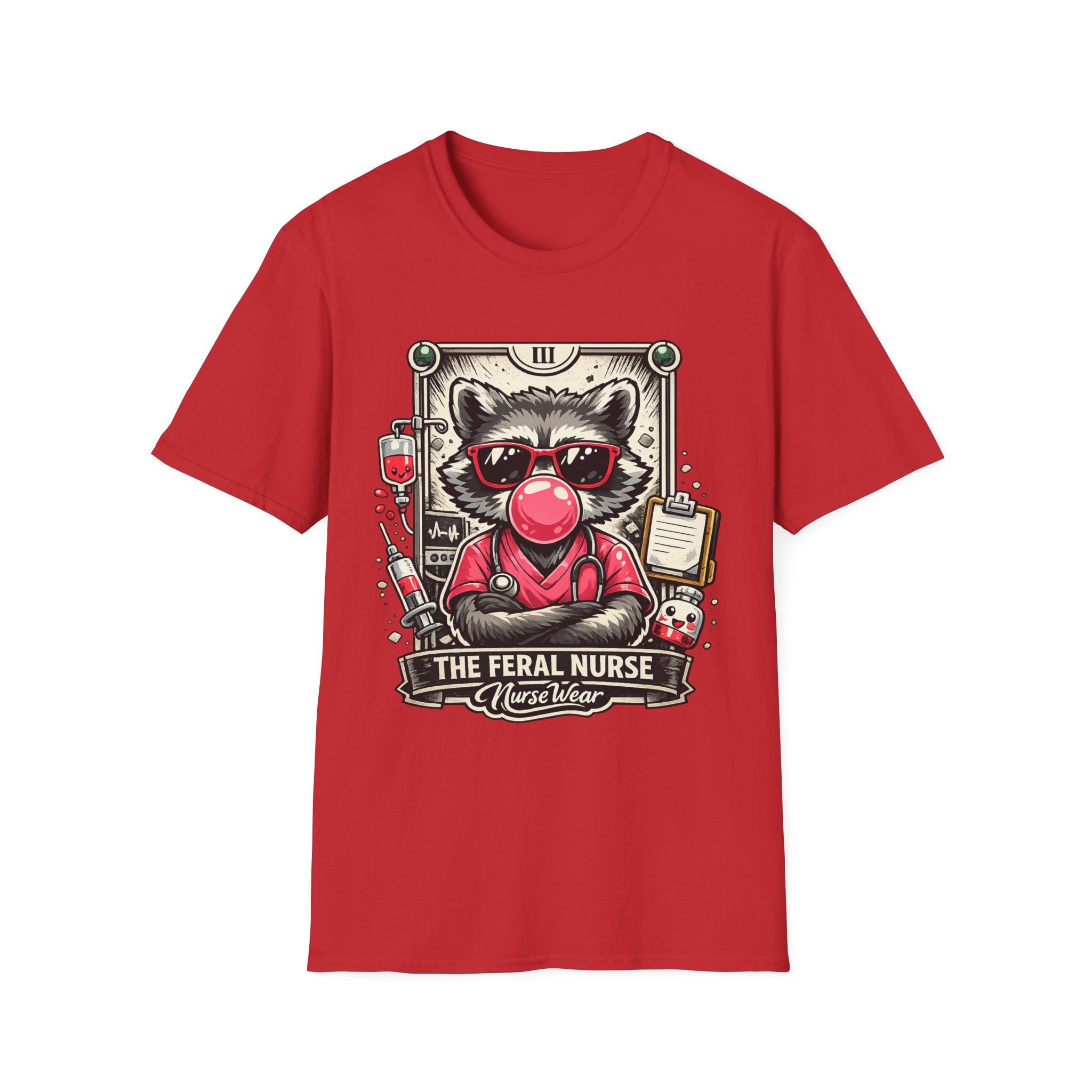 Red NurseWear t-shirt featuring The Feral Nurse raccoon graphic with bubble gum, sunglasses, and medical icons