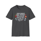 Dark heather NurseWear t-shirt featuring Some Nurses Have Tattoos Pretty Eyes and Cuss Too Much text design with colorful medical icons