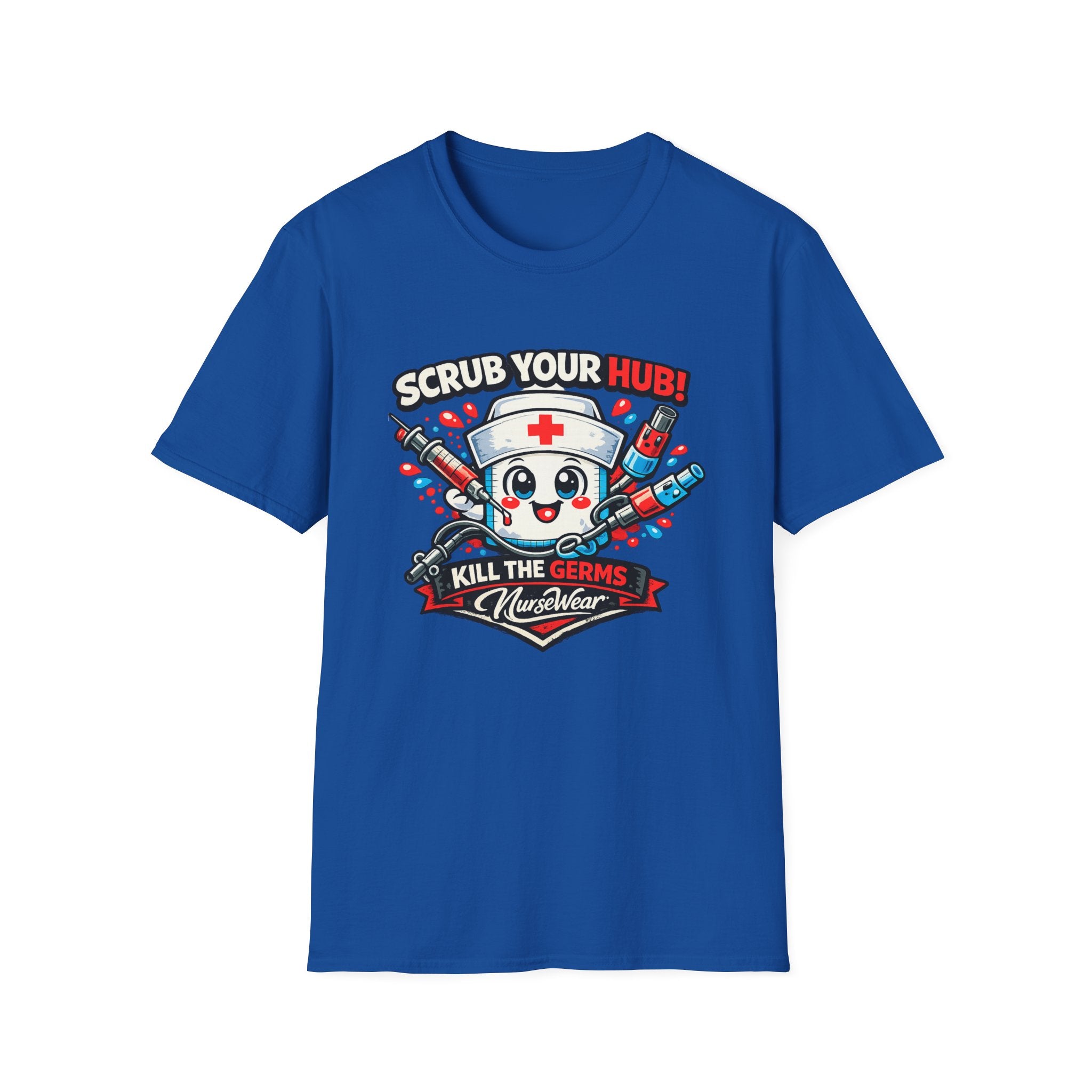 Royal NurseWear t-shirt featuring Scrub Your Hub Kill the Germs cartoon nurse graphic with red and blue medical icons