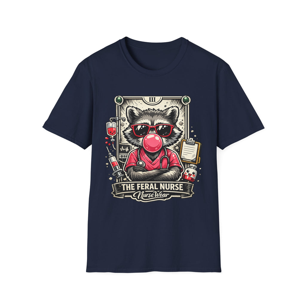 Navy NurseWear t-shirt featuring The Feral Nurse raccoon graphic with bubble gum, sunglasses, and medical icons