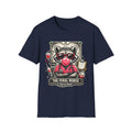 Navy NurseWear t-shirt featuring The Feral Nurse raccoon graphic with bubble gum, sunglasses, and medical icons