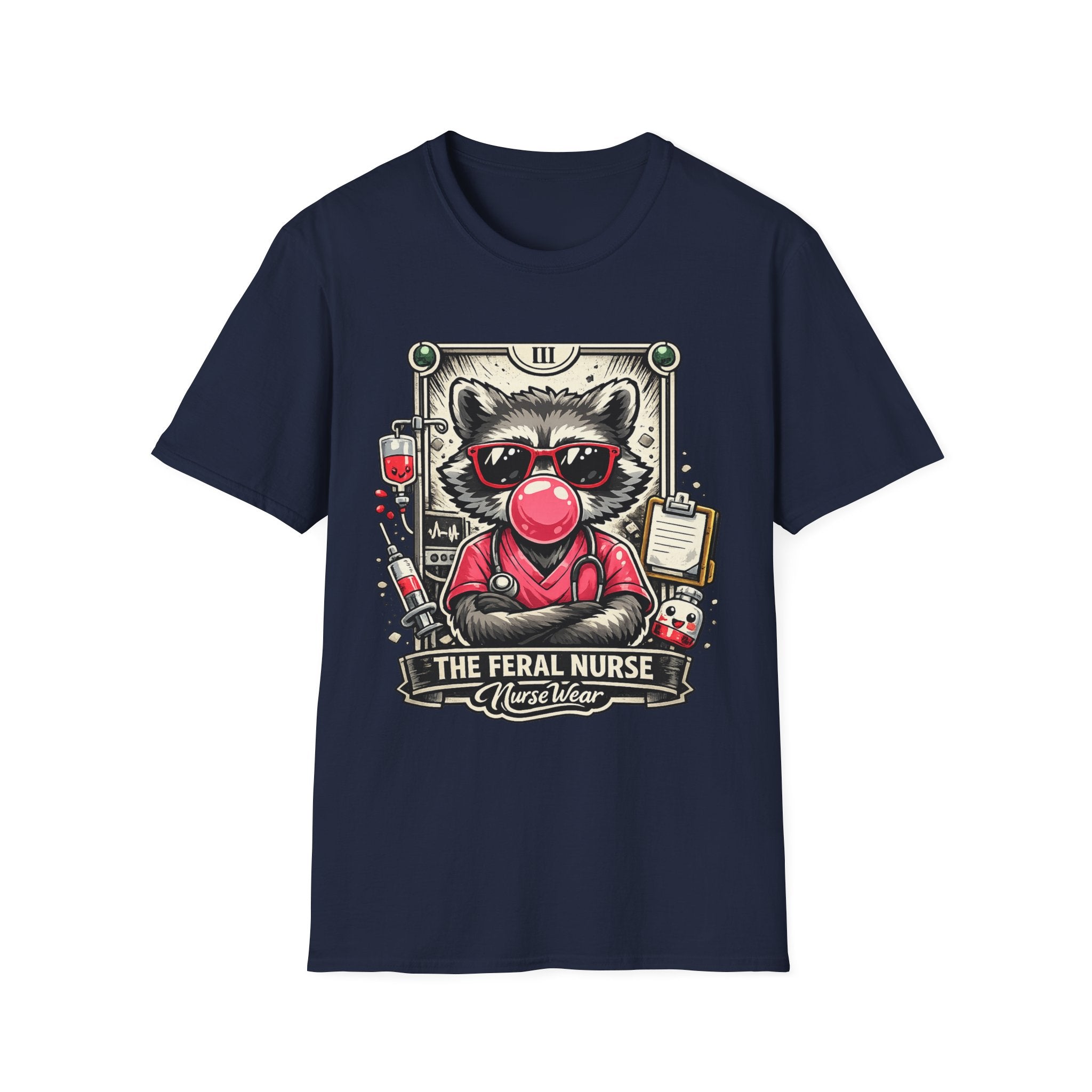 Navy NurseWear t-shirt featuring The Feral Nurse raccoon graphic with bubble gum, sunglasses, and medical icons