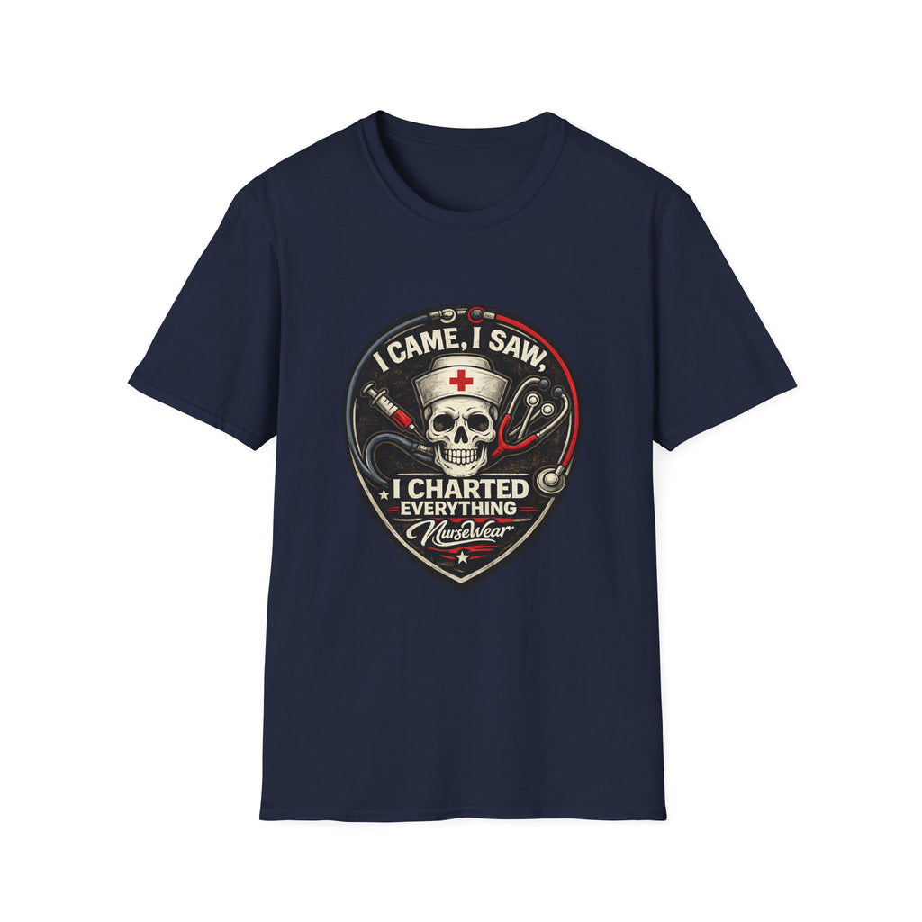Navy NurseWear t-shirt featuring I Came I Saw I Charted Everything skull nurse graphic with stethoscope and syringe