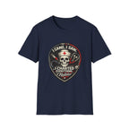 Navy NurseWear t-shirt featuring I Came I Saw I Charted Everything skull nurse graphic with stethoscope and syringe