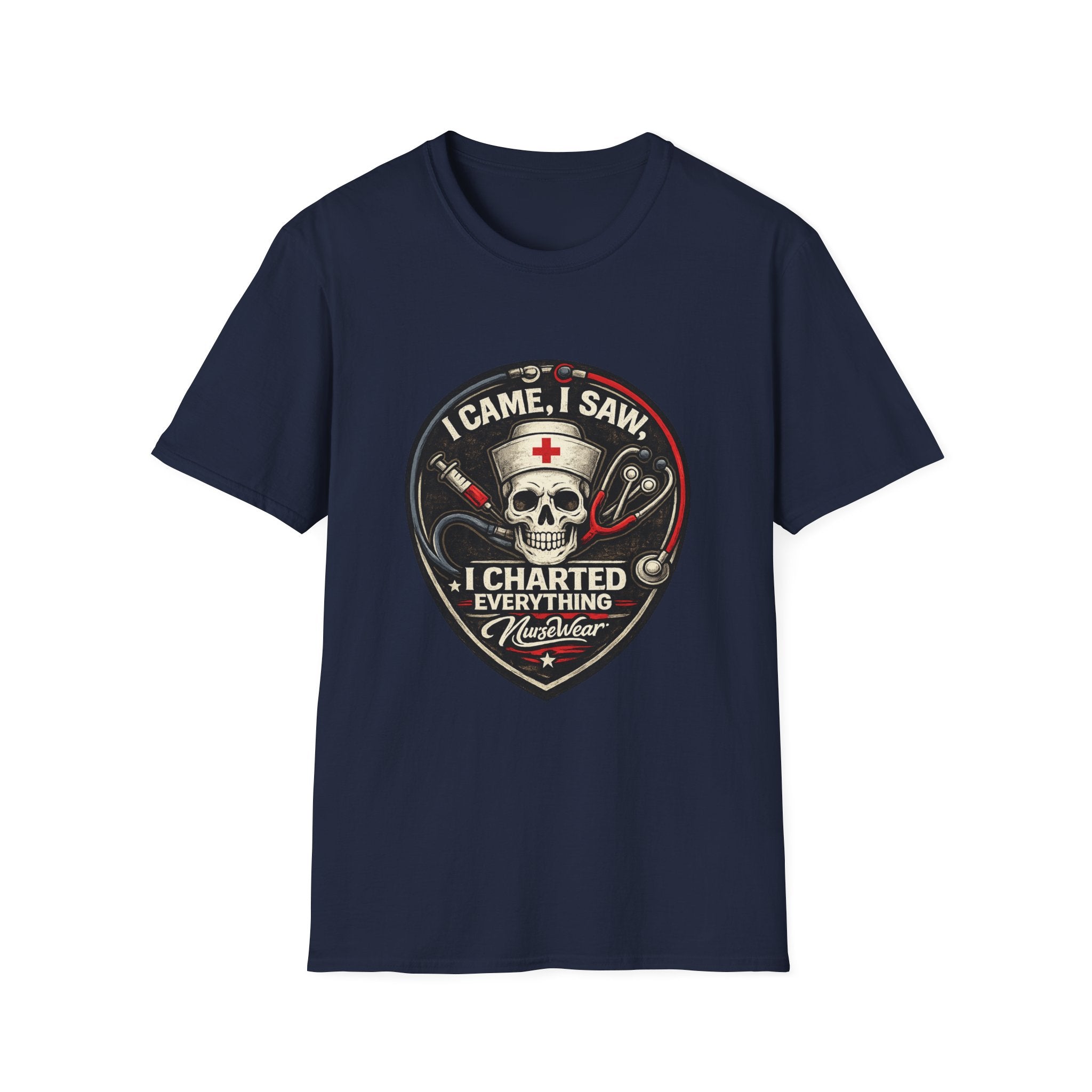 Navy NurseWear t-shirt featuring I Came I Saw I Charted Everything skull nurse graphic with stethoscope and syringe