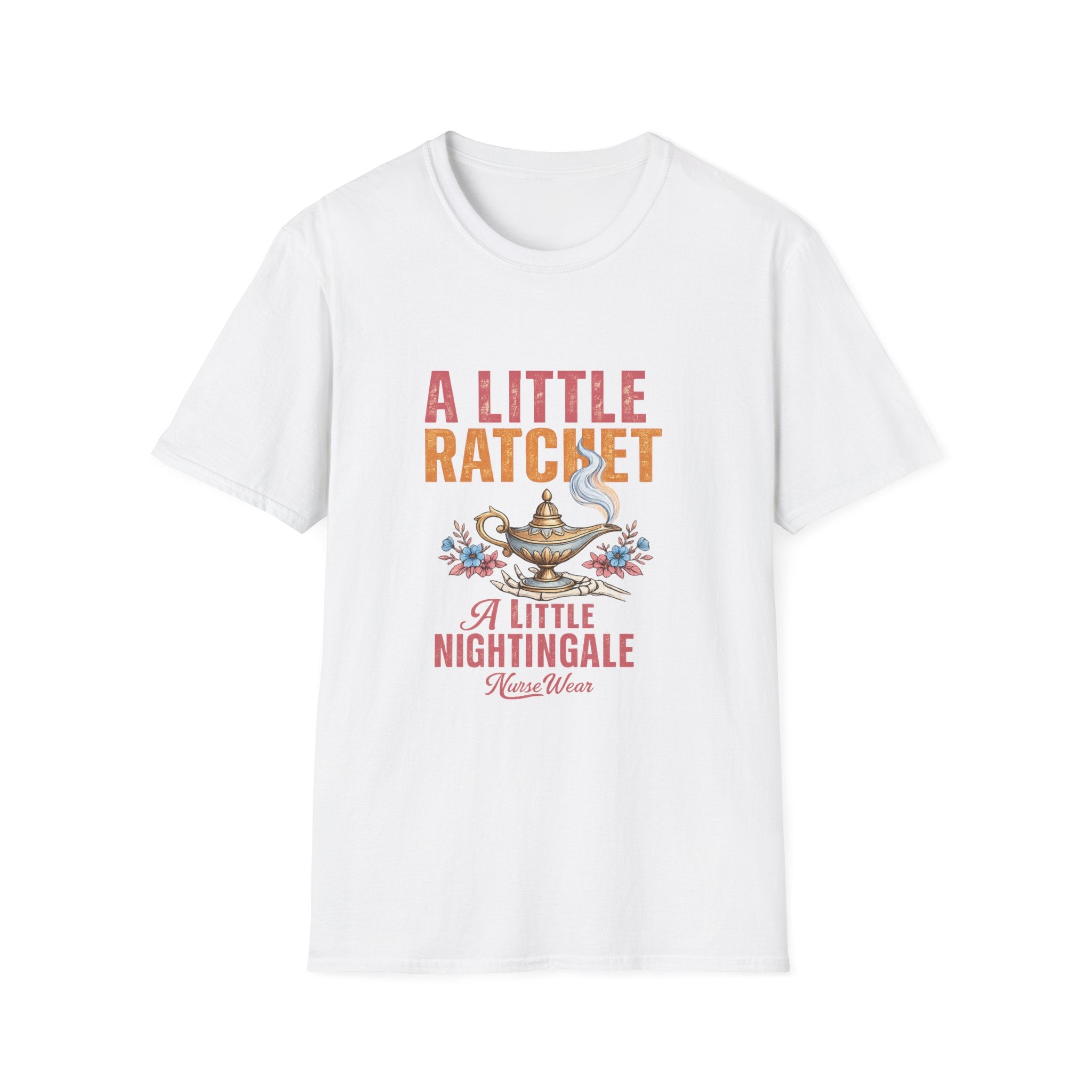 White nurse shirt with A Little Ratchet A Little Nightingale graphic design