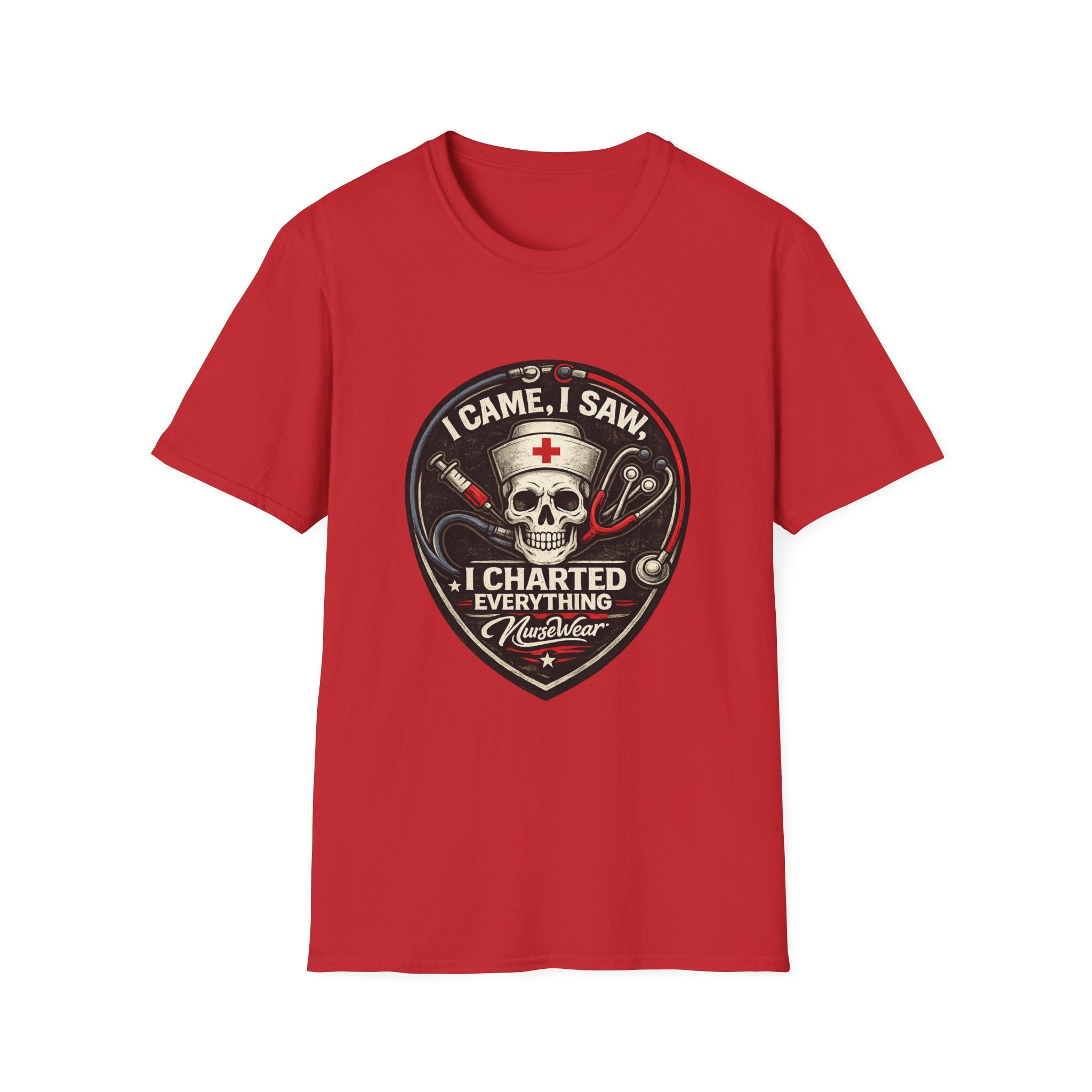 Red NurseWear t-shirt featuring I Came I Saw I Charted Everything skull nurse graphic with stethoscope and syringe